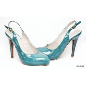 LATITUDE FEMME Italy Patent Almond Toe Slingback Pump Heel Teal 5.5-6/36 New